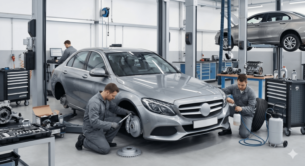 Professional auto mechanics replacing brake rotors and servicing front disc brakes on an unbranded silver luxury sedan in a clean independent German car repair shop bay.