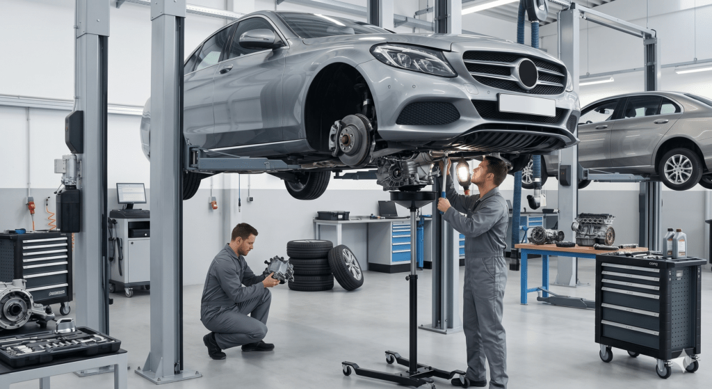 Independent auto mechanics working underneath a silver luxury sedan raised on a hydraulic lift to complete a major engine overhaul and transmission repair.