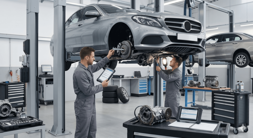 European auto repair technician using a digital tablet to perform a comprehensive vehicle health inspection and diagnostic scan on a Mercedes sedan raised on a shop hoist.